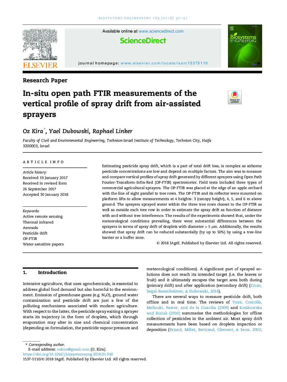 In-situ open path FTIR measurements of the vertical profile of spray drift from air-assisted sprayers
