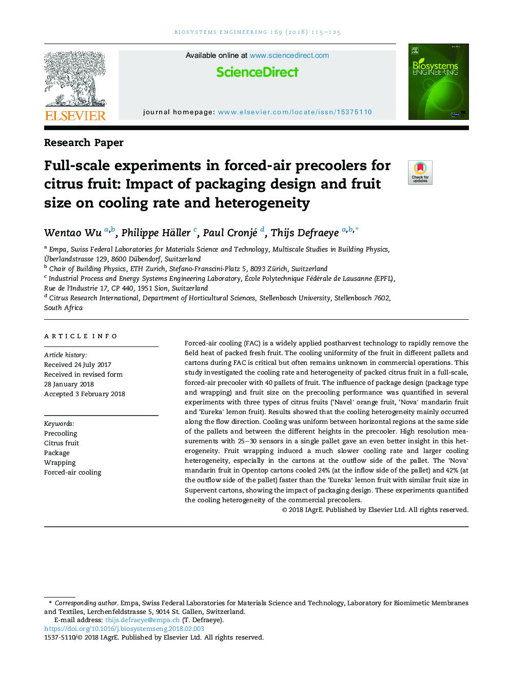 Full-scale experiments in forced-air precoolers for citrus fruit: Impact of packaging design and fruit size on cooling rate and heterogeneity