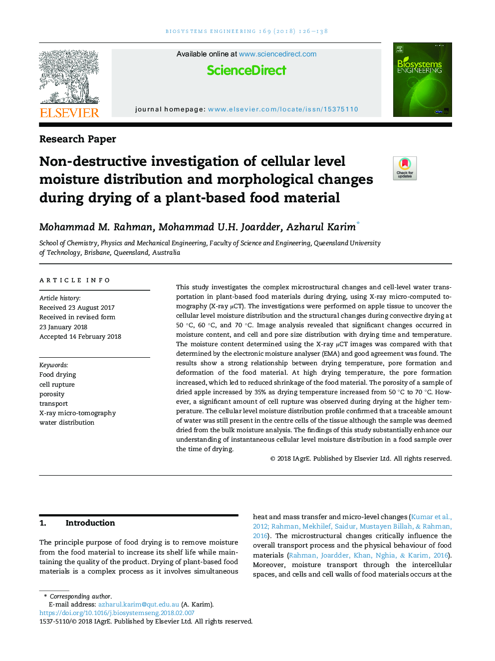 Non-destructive investigation of cellular level moisture distribution and morphological changes during drying of a plant-based food material