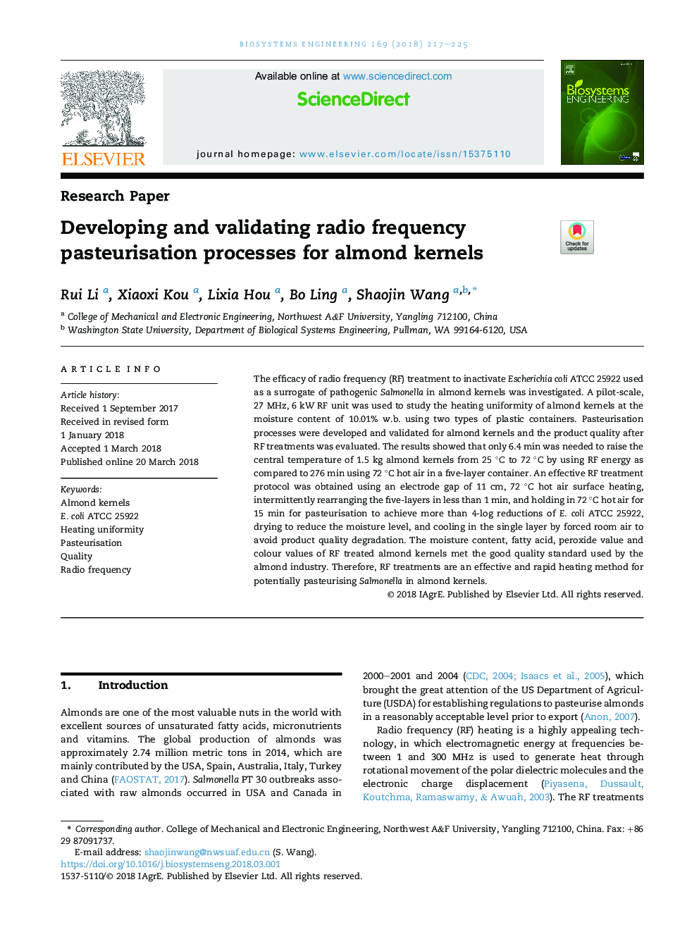 Developing and validating radio frequency pasteurisation processes for almond kernels