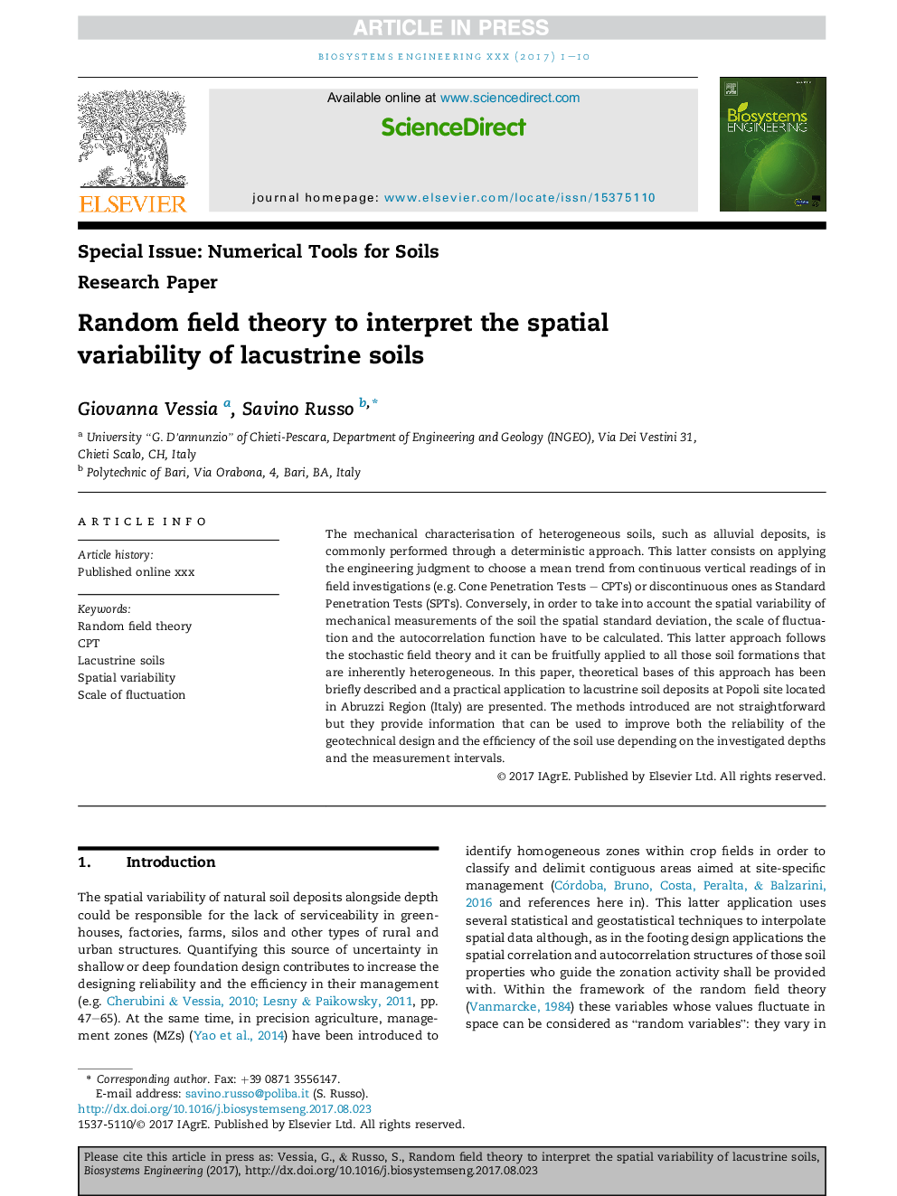 Random field theory to interpret the spatial variability of lacustrine soils