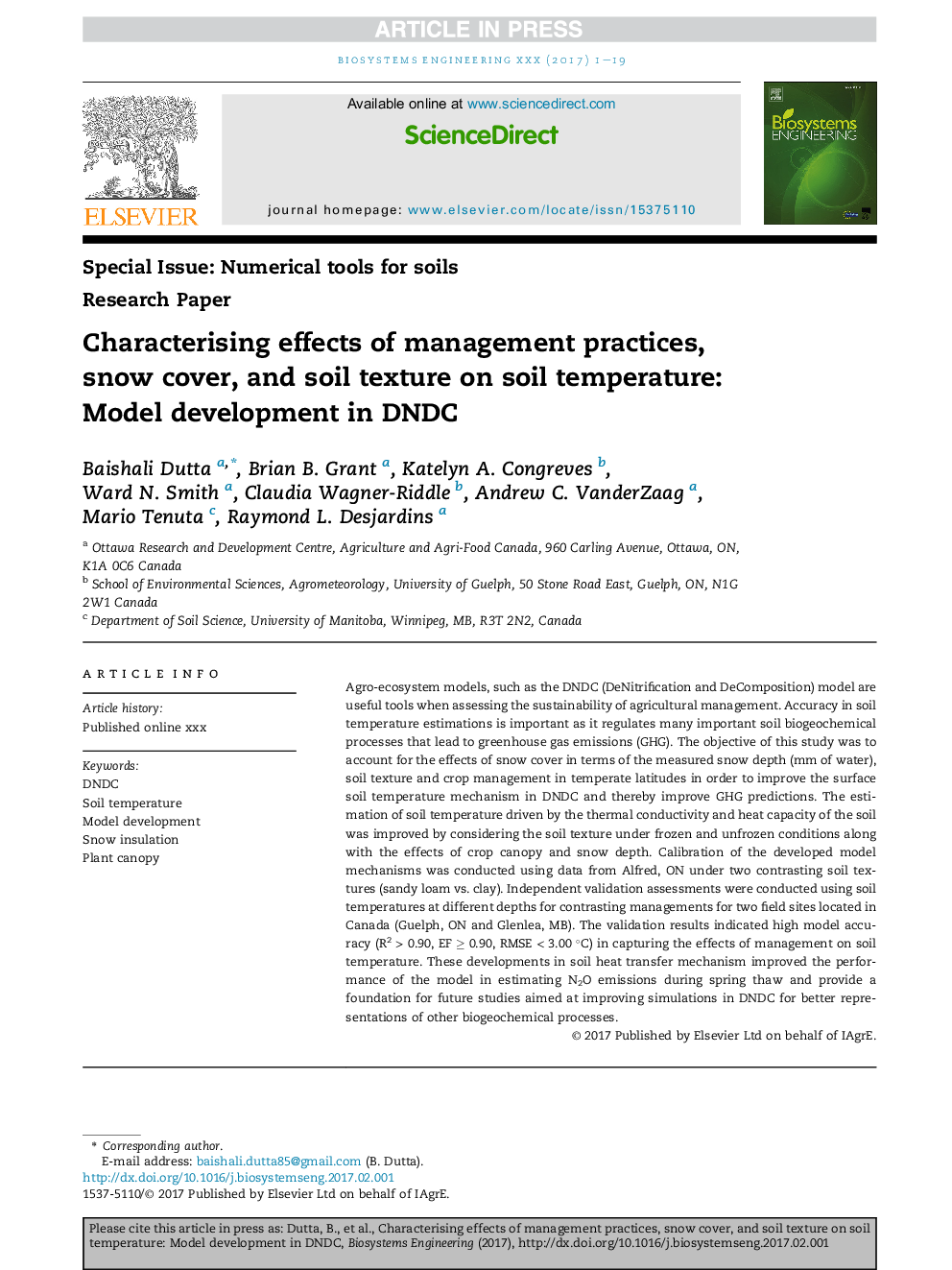 Characterising effects of management practices, snow cover, and soil texture on soil temperature: Model development in DNDC