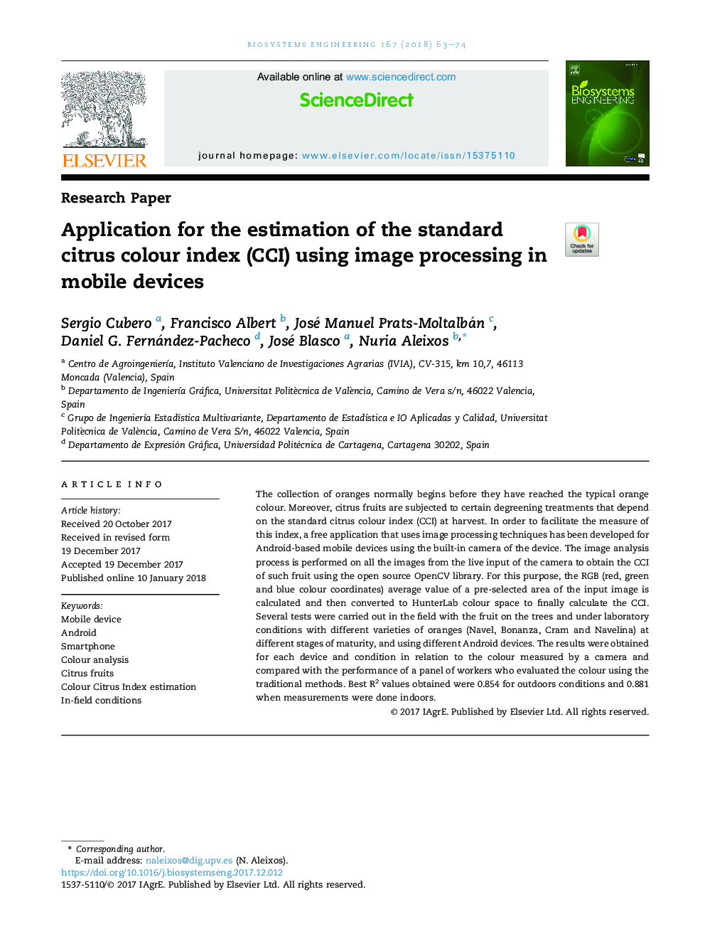 Application for the estimation of the standard citrus colour index (CCI) using image processing in mobile devices