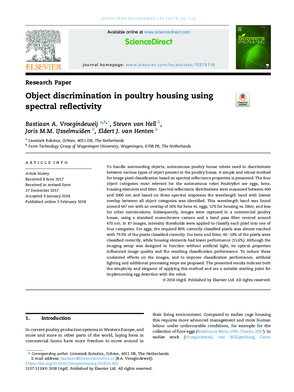 Object discrimination in poultry housing using spectral reflectivity