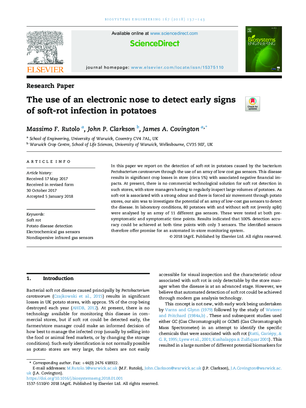 The use of an electronic nose to detect early signs of soft-rot infection in potatoes