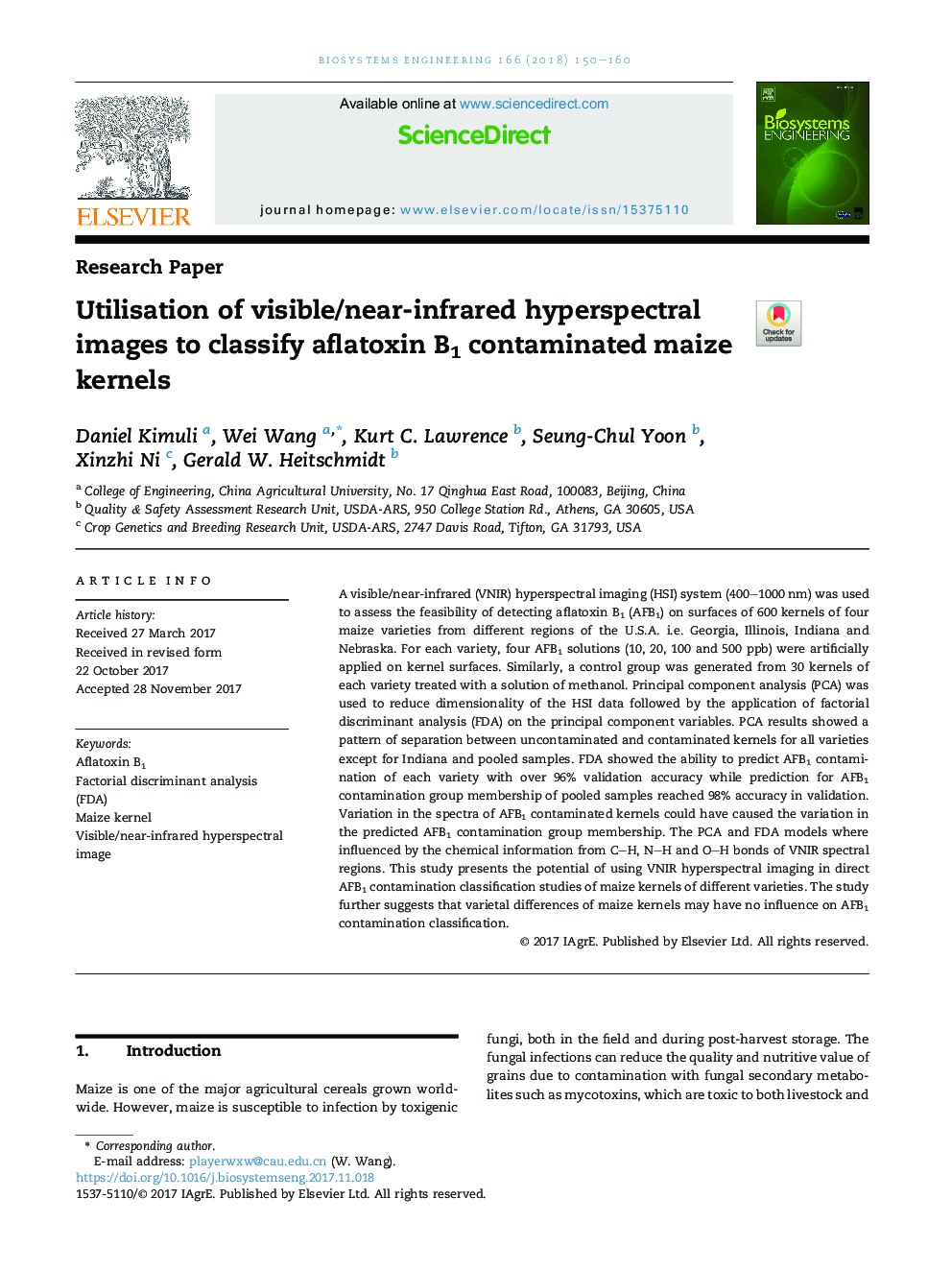 Utilisation of visible/near-infrared hyperspectral images to classify aflatoxin B1 contaminated maize kernels