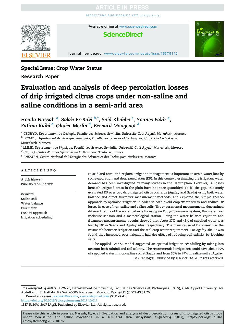 Evaluation and analysis of deep percolation losses of drip irrigated citrus crops under non-saline and saline conditions in a semi-arid area