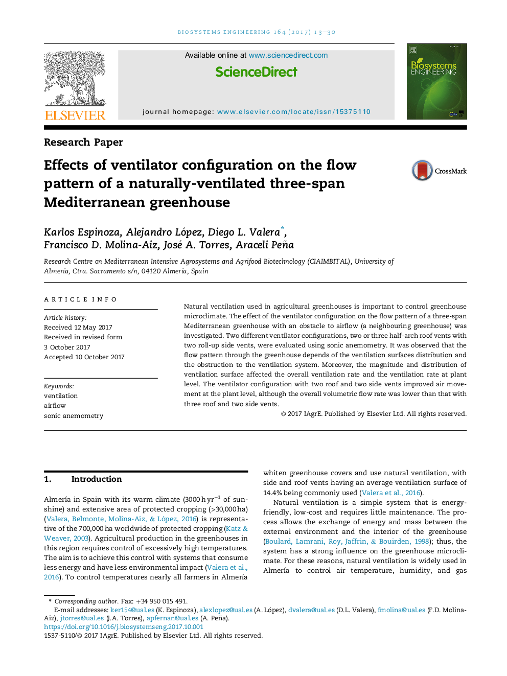 Effects of ventilator configuration on the flow pattern of a naturally-ventilated three-span Mediterranean greenhouse