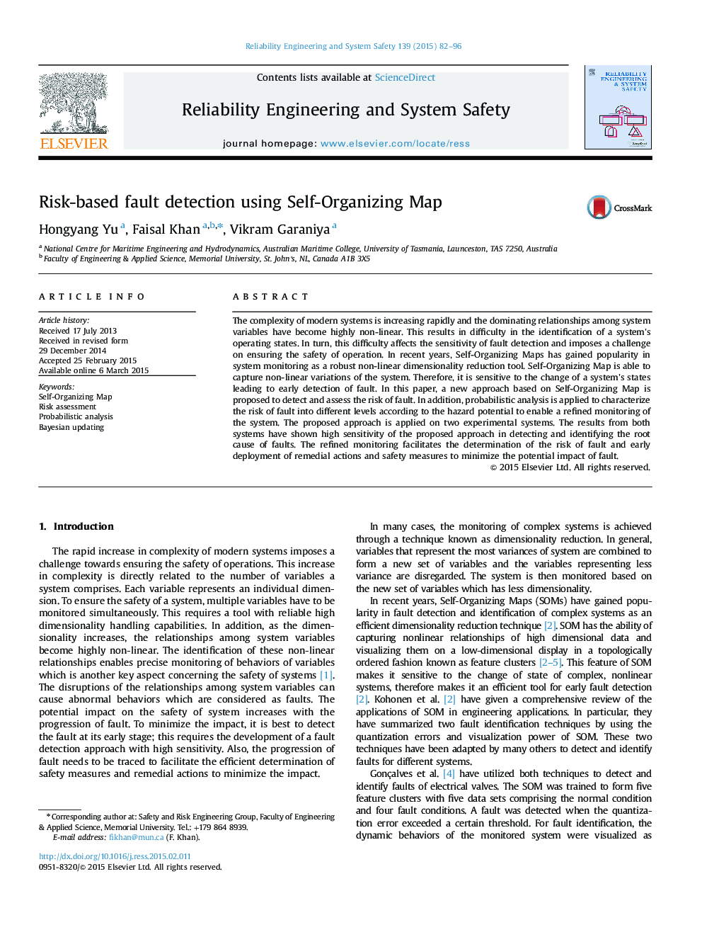 Risk-based fault detection using Self-Organizing Map