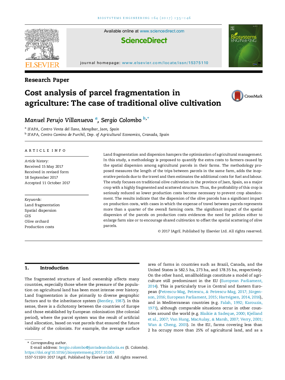 Cost analysis of parcel fragmentation in agriculture: The case of traditional olive cultivation