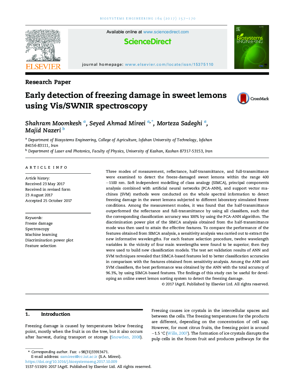 Early detection of freezing damage in sweet lemons using Vis/SWNIR spectroscopy