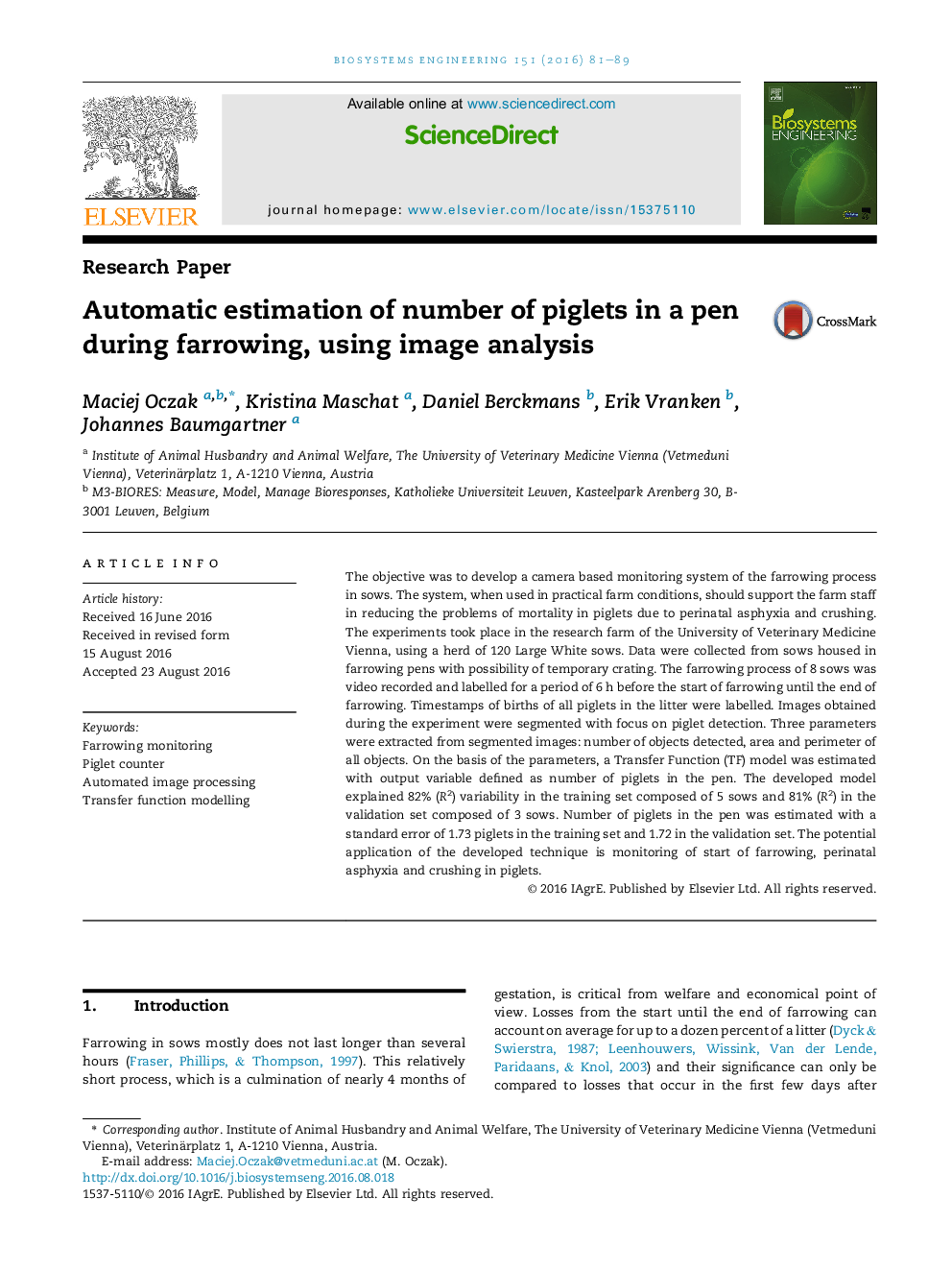 Automatic estimation of number of piglets in a pen during farrowing, using image analysis