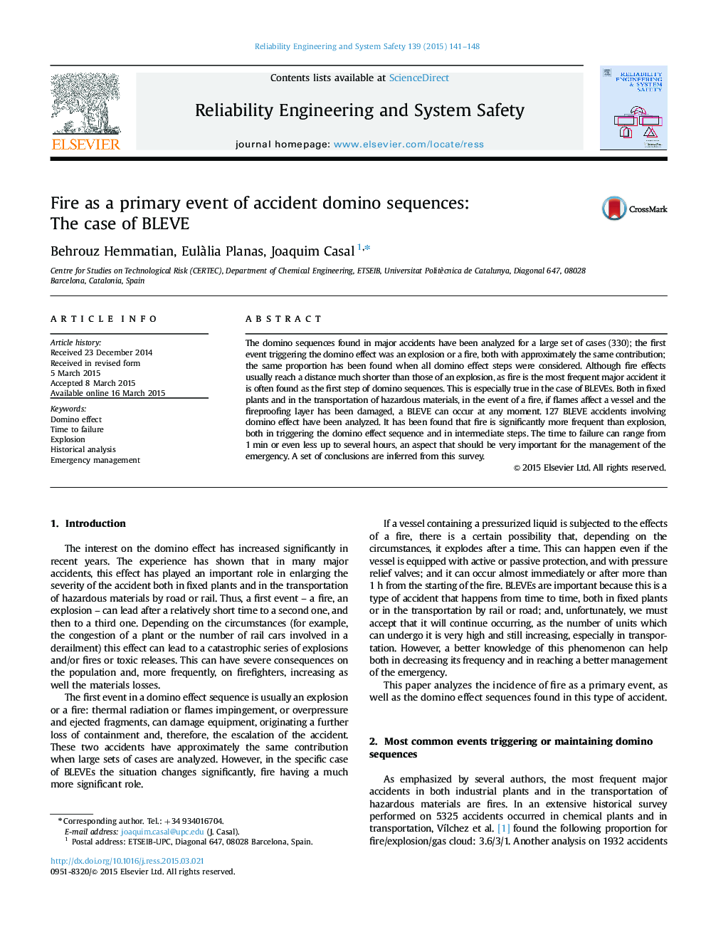 Fire as a primary event of accident domino sequences: The case of BLEVE