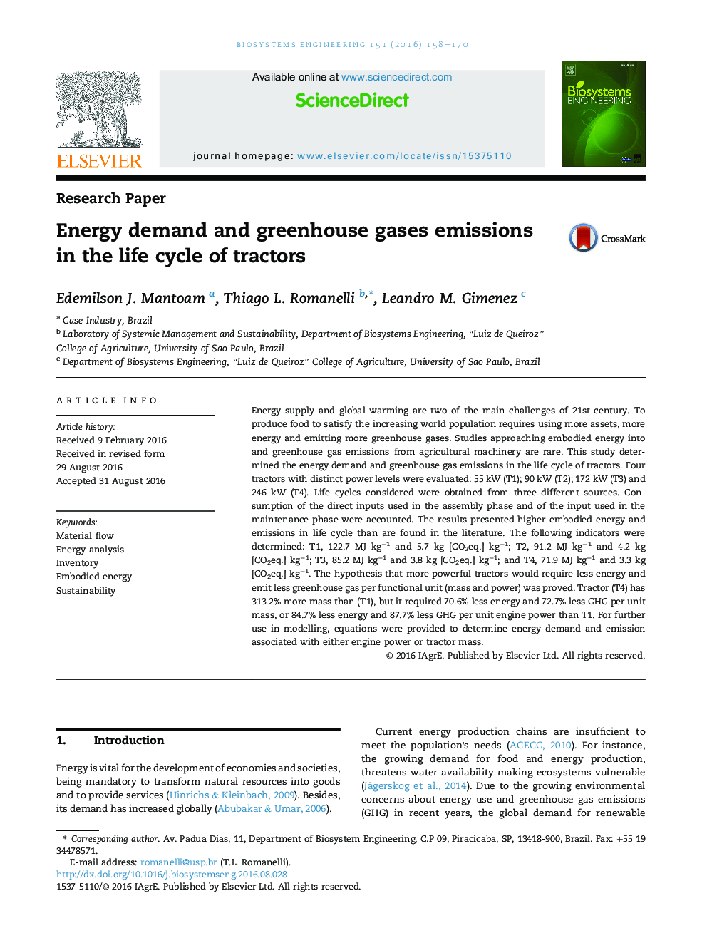 Energy demand and greenhouse gases emissions in the life cycle of tractors