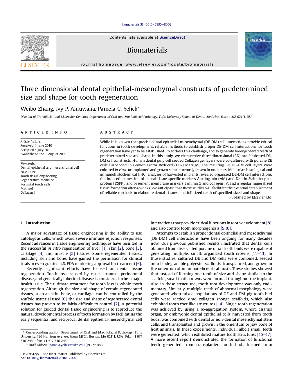 Three dimensional dental epithelial-mesenchymal constructs of predetermined size and shape for tooth regeneration