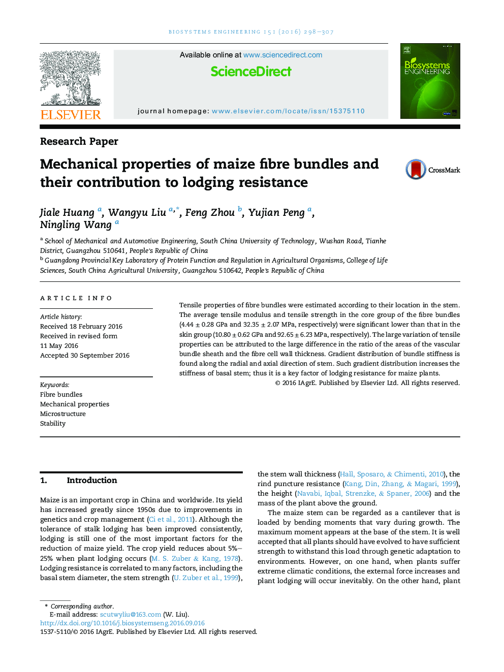 Mechanical properties of maize fibre bundles and their contribution to lodging resistance