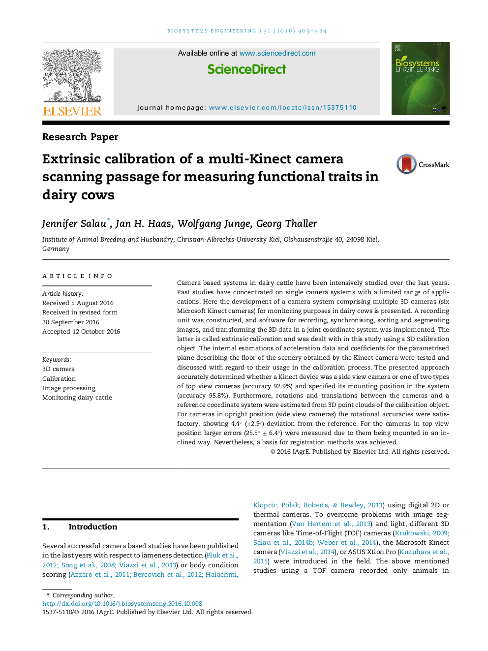 Extrinsic calibration of a multi-Kinect camera scanning passage for measuring functional traits in dairy cows