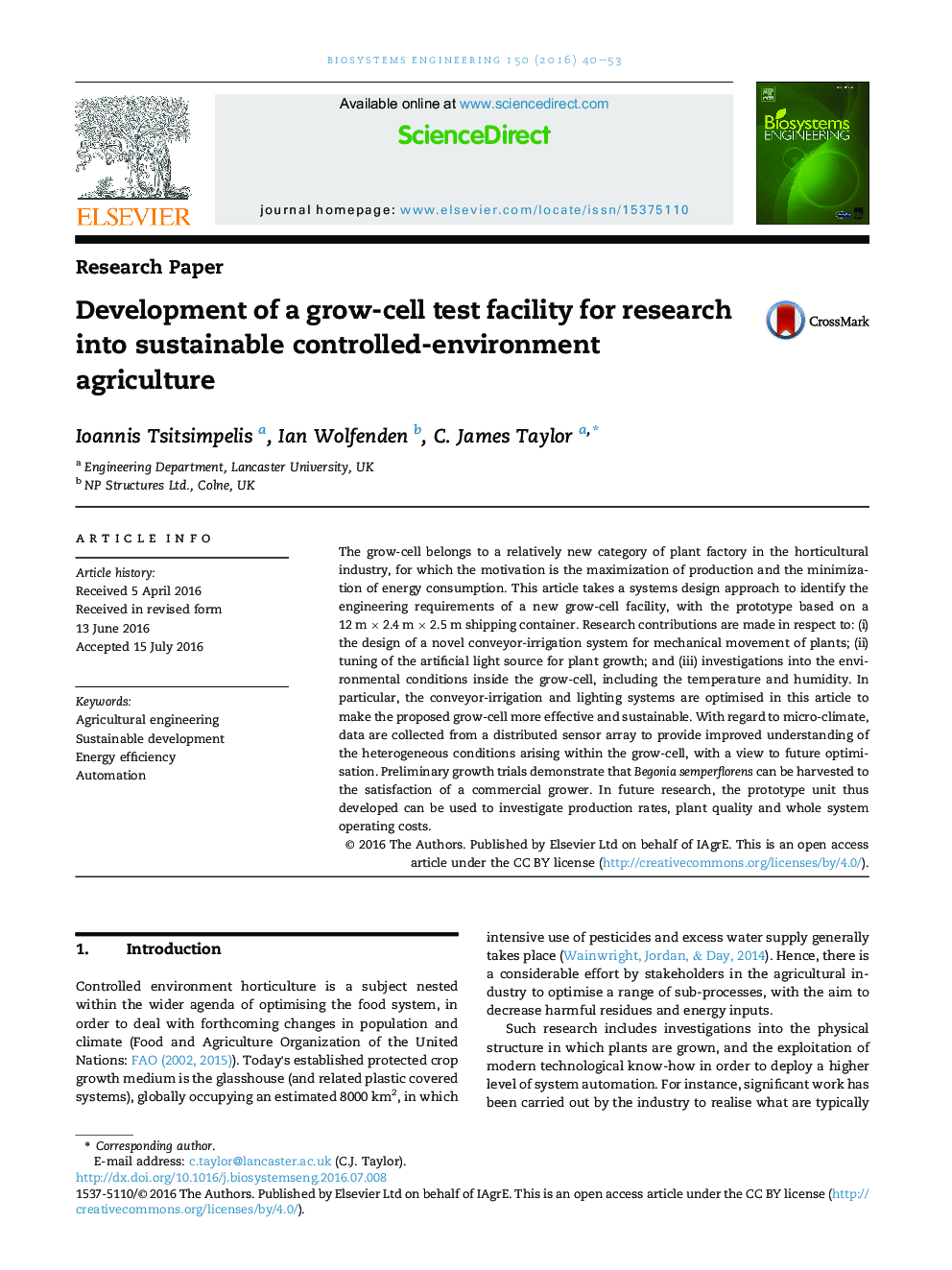 Development of a grow-cell test facility for research into sustainable controlled-environment agriculture