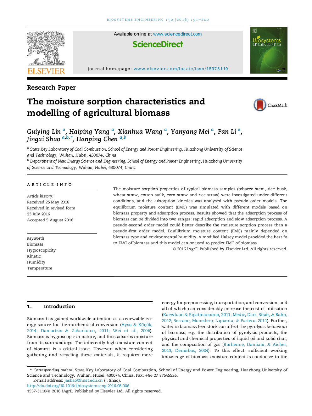 The moisture sorption characteristics and modelling of agricultural biomass