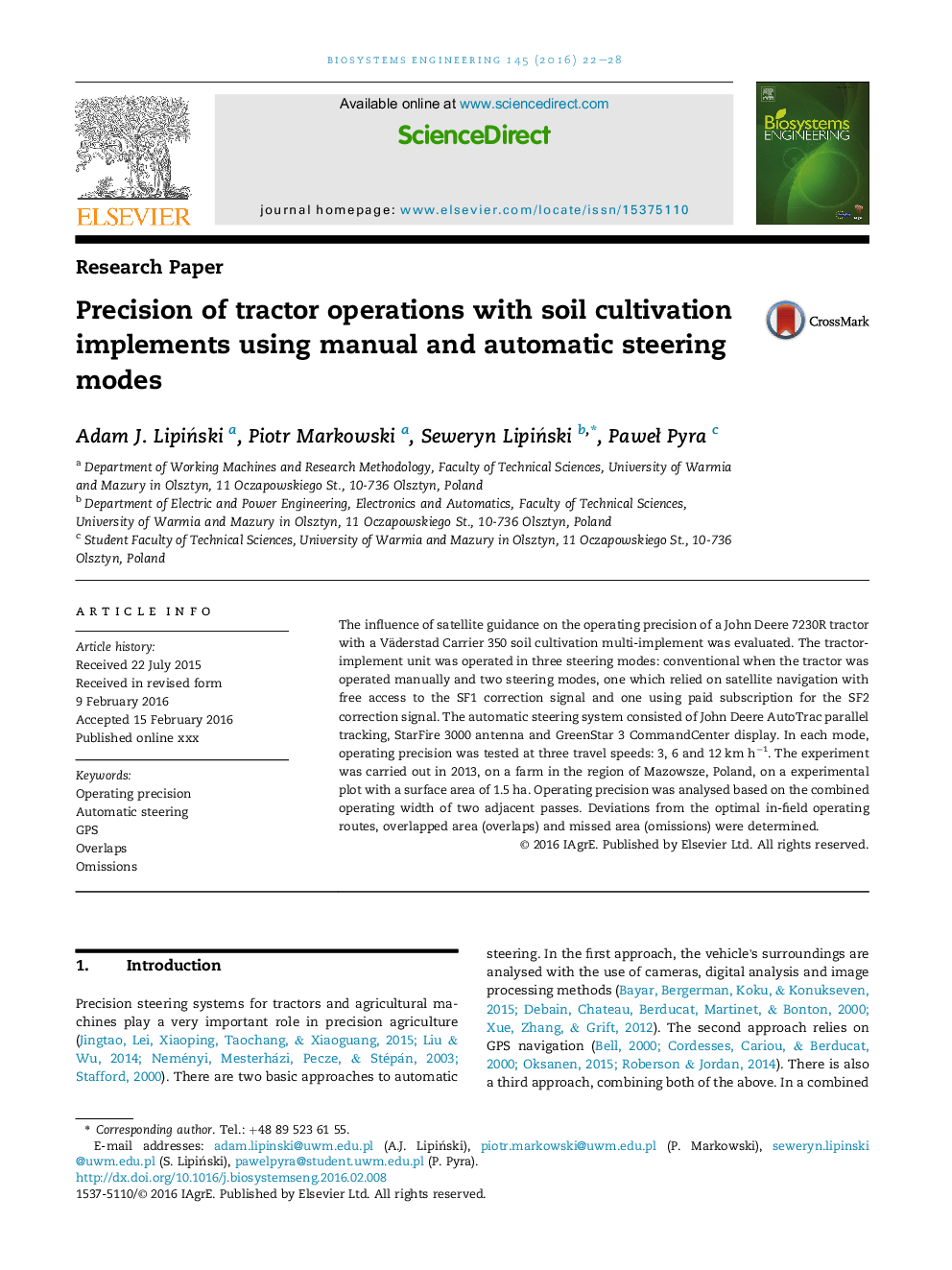 Precision of tractor operations with soil cultivation implements using manual and automatic steering modes