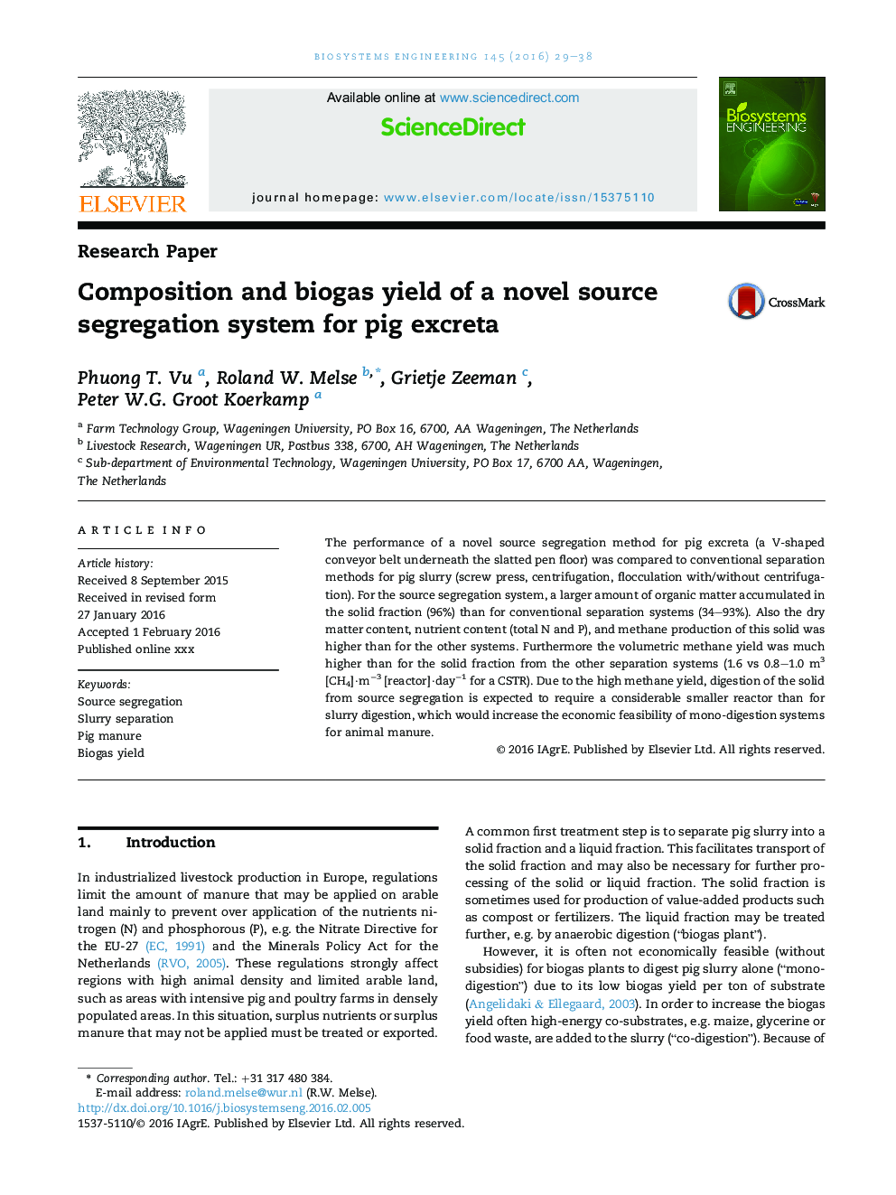 Composition and biogas yield of a novel source segregation system for pig excreta