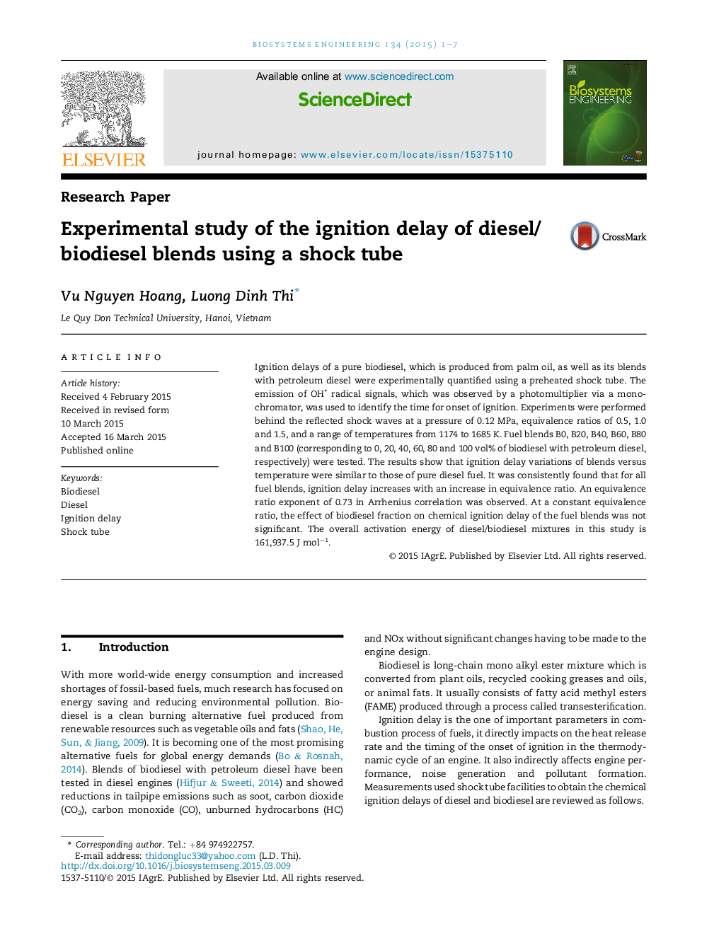 Experimental study of the ignition delay of diesel/biodiesel blends using a shock tube