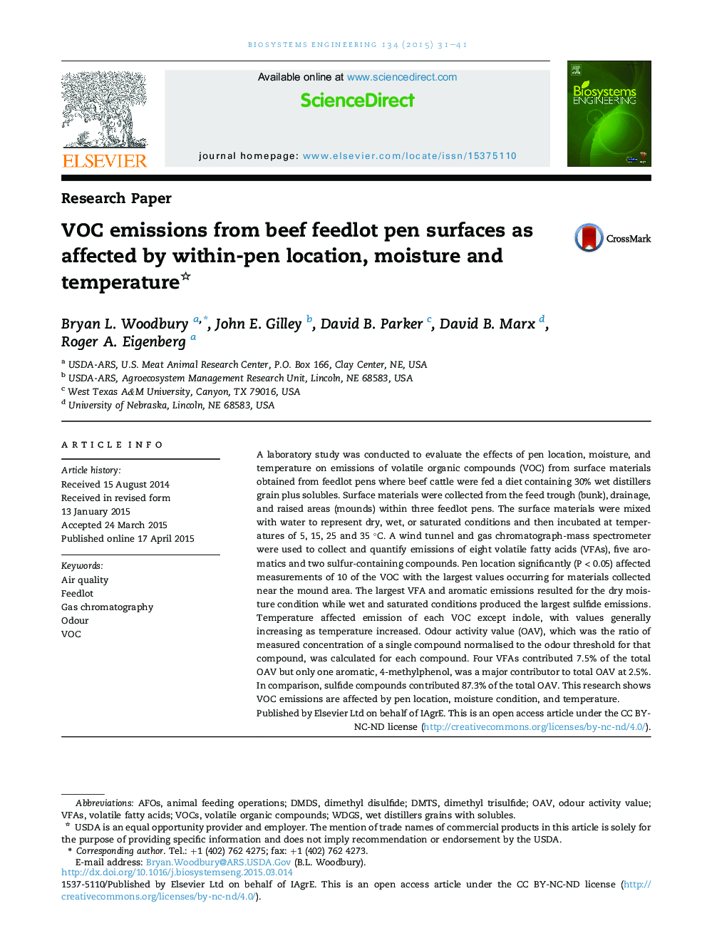 VOC emissions from beef feedlot pen surfaces as affected by within-pen location, moisture and temperature