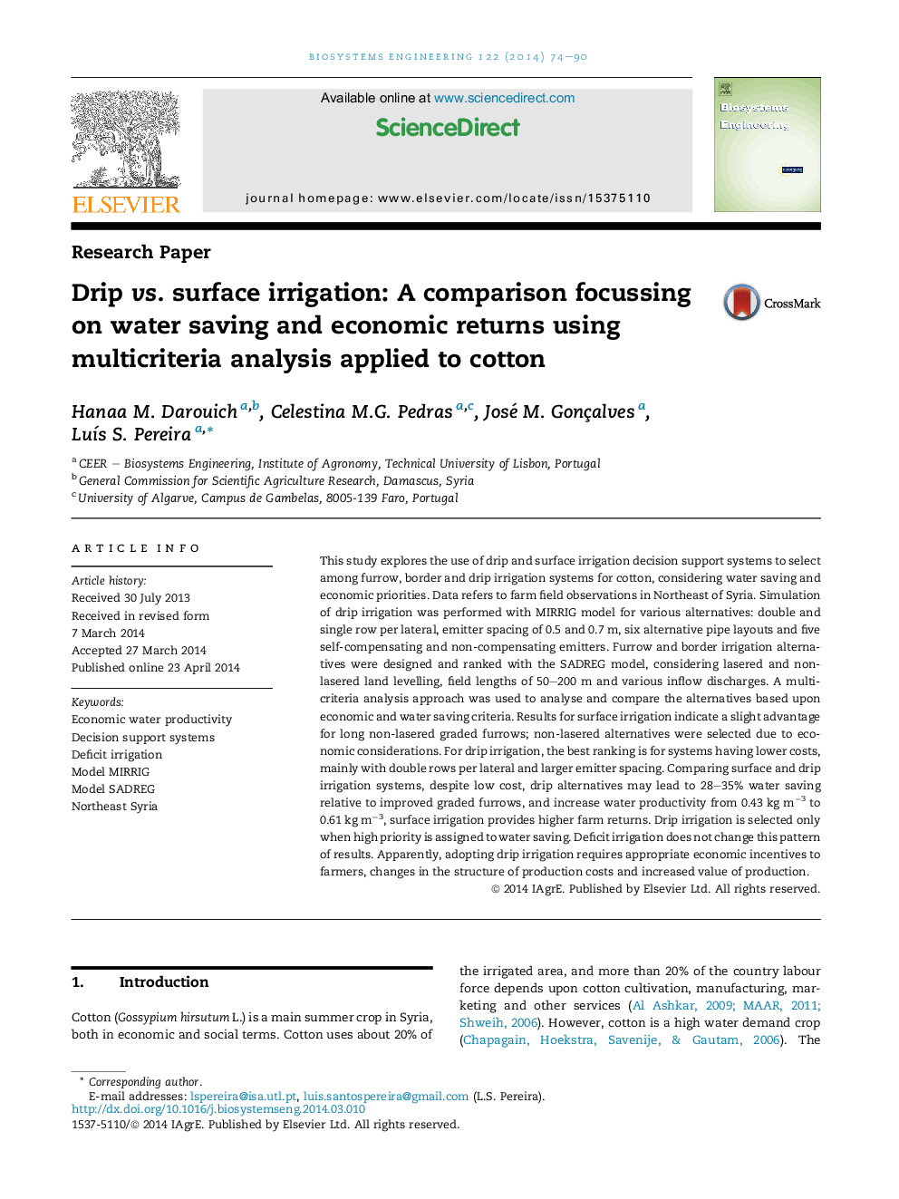 Drip vs. surface irrigation: A comparison focussing on water saving and economic returns using multicriteria analysis applied to cotton