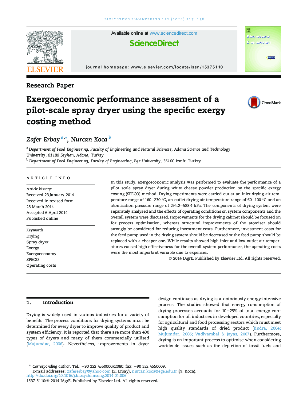 Exergoeconomic performance assessment of a pilot-scale spray dryer using the specific exergy costing method