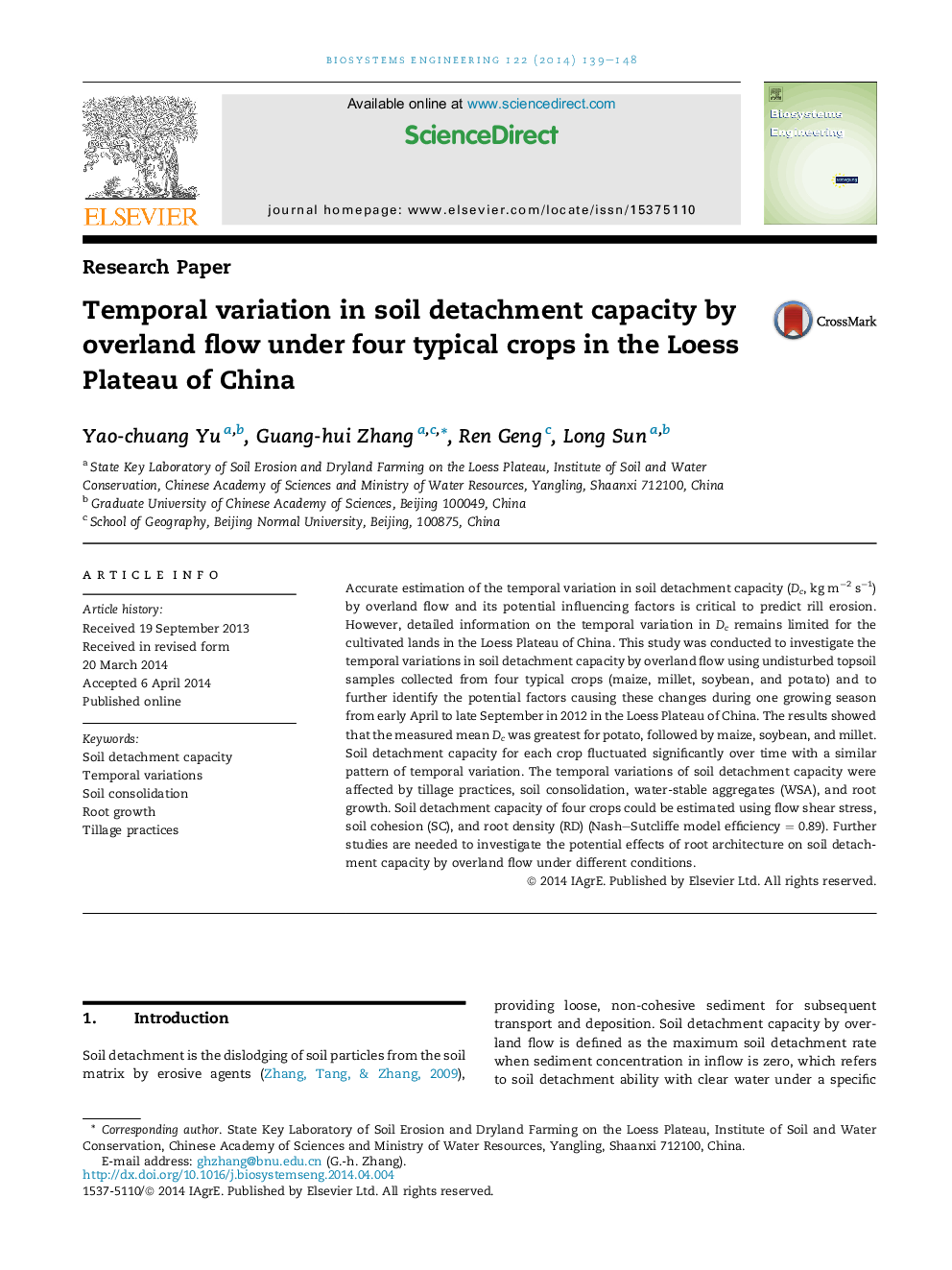 Temporal variation in soil detachment capacity by overland flow under four typical crops in the Loess Plateau of China