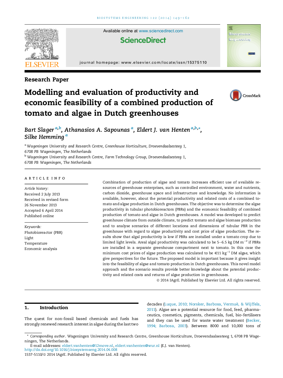 Modelling and evaluation of productivity and economic feasibility of a combined production of tomato and algae in Dutch greenhouses