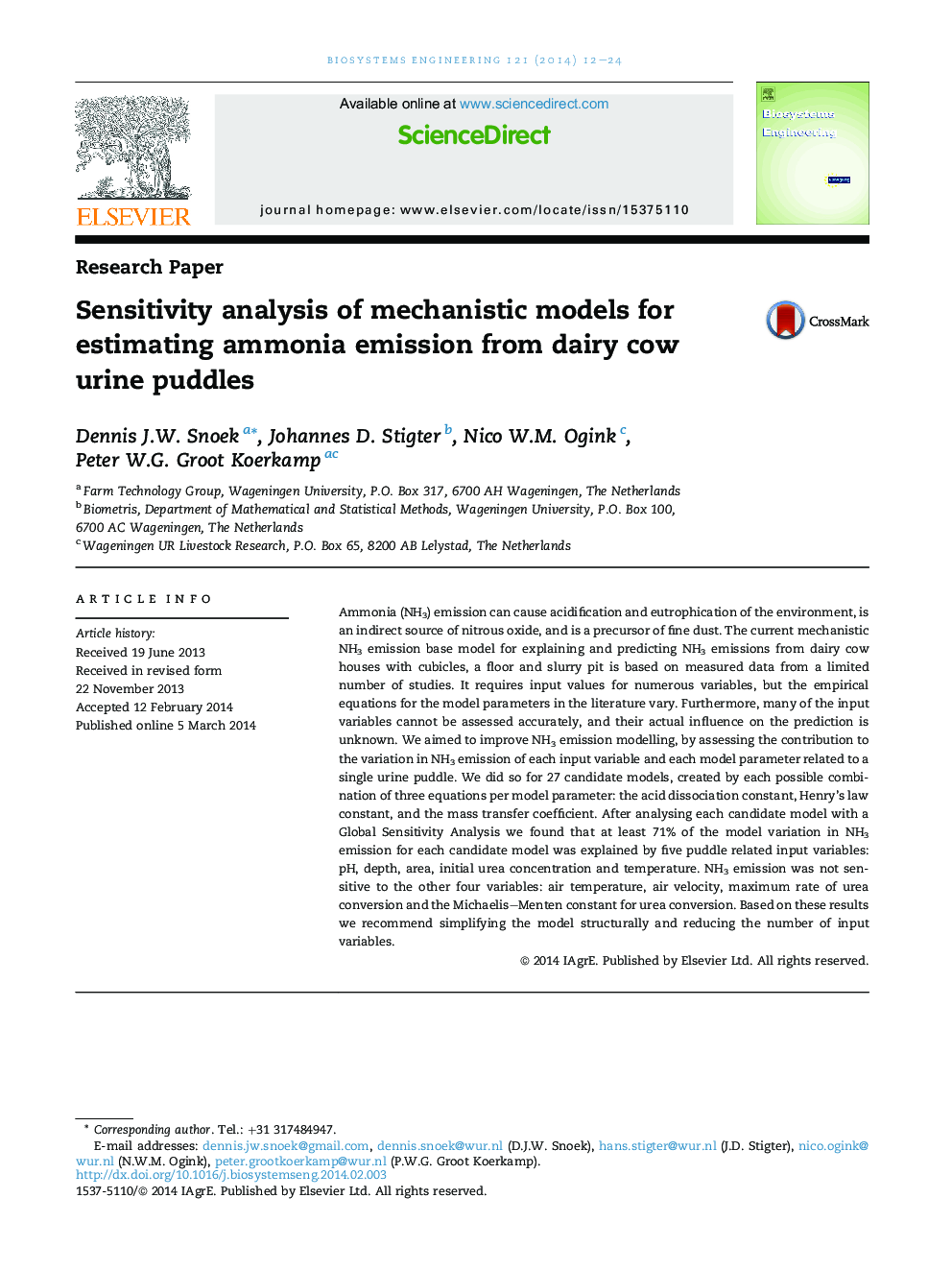 Sensitivity analysis of mechanistic models for estimating ammonia emission from dairy cow urine puddles