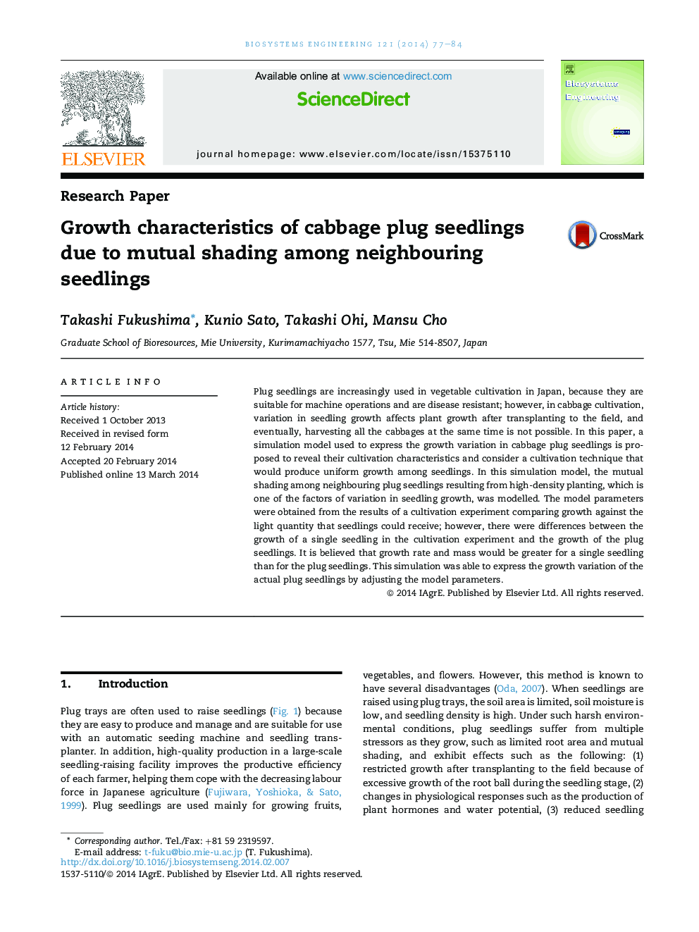 Growth characteristics of cabbage plug seedlings due to mutual shading among neighbouring seedlings