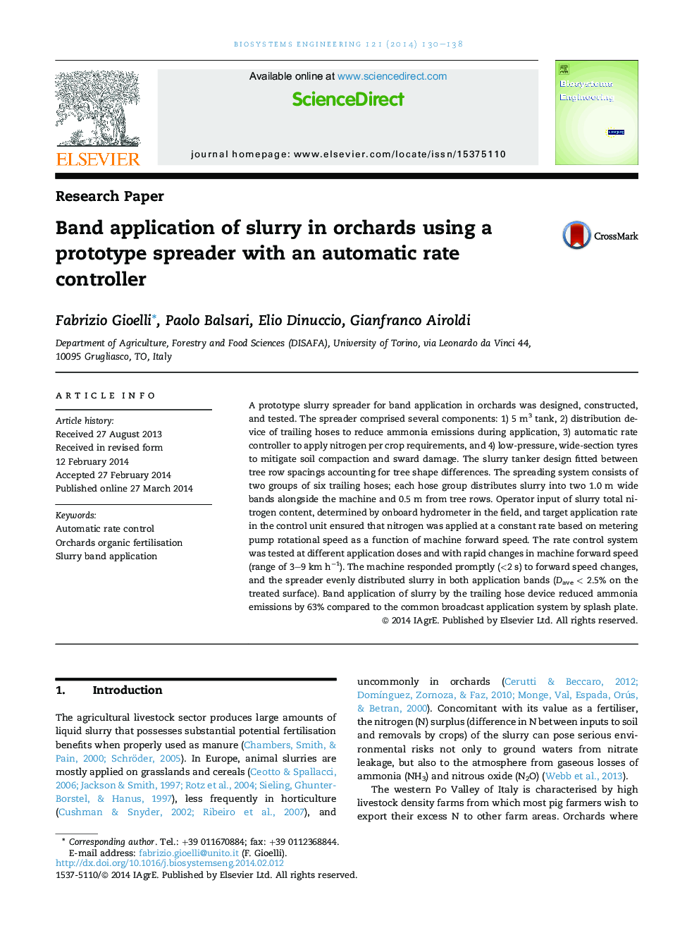 Band application of slurry in orchards using a prototype spreader with an automatic rate controller