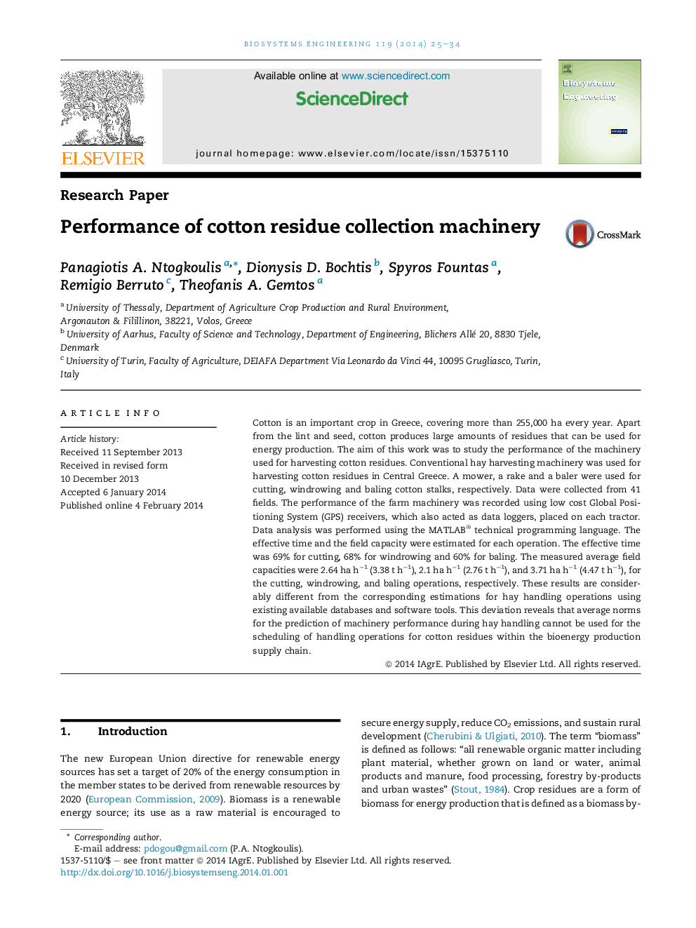 Performance of cotton residue collection machinery