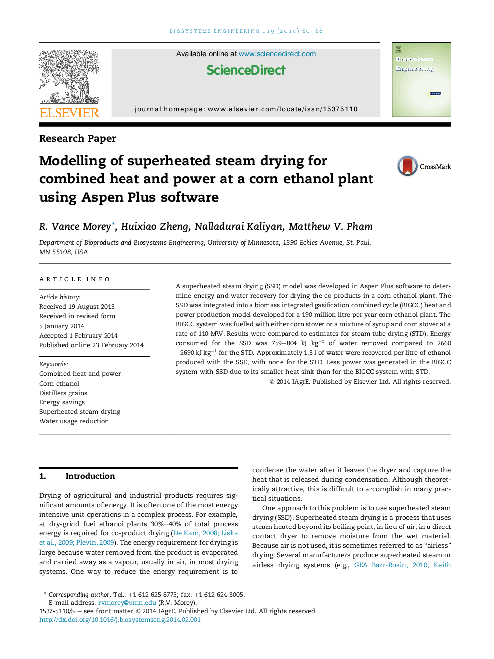 Modelling of superheated steam drying for combined heat and power at a corn ethanol plant using Aspen Plus software