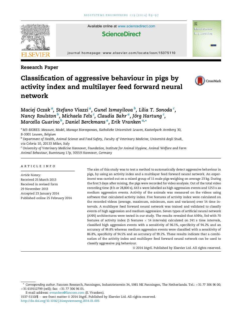 Classification of aggressive behaviour in pigs by activity index and multilayer feed forward neural network
