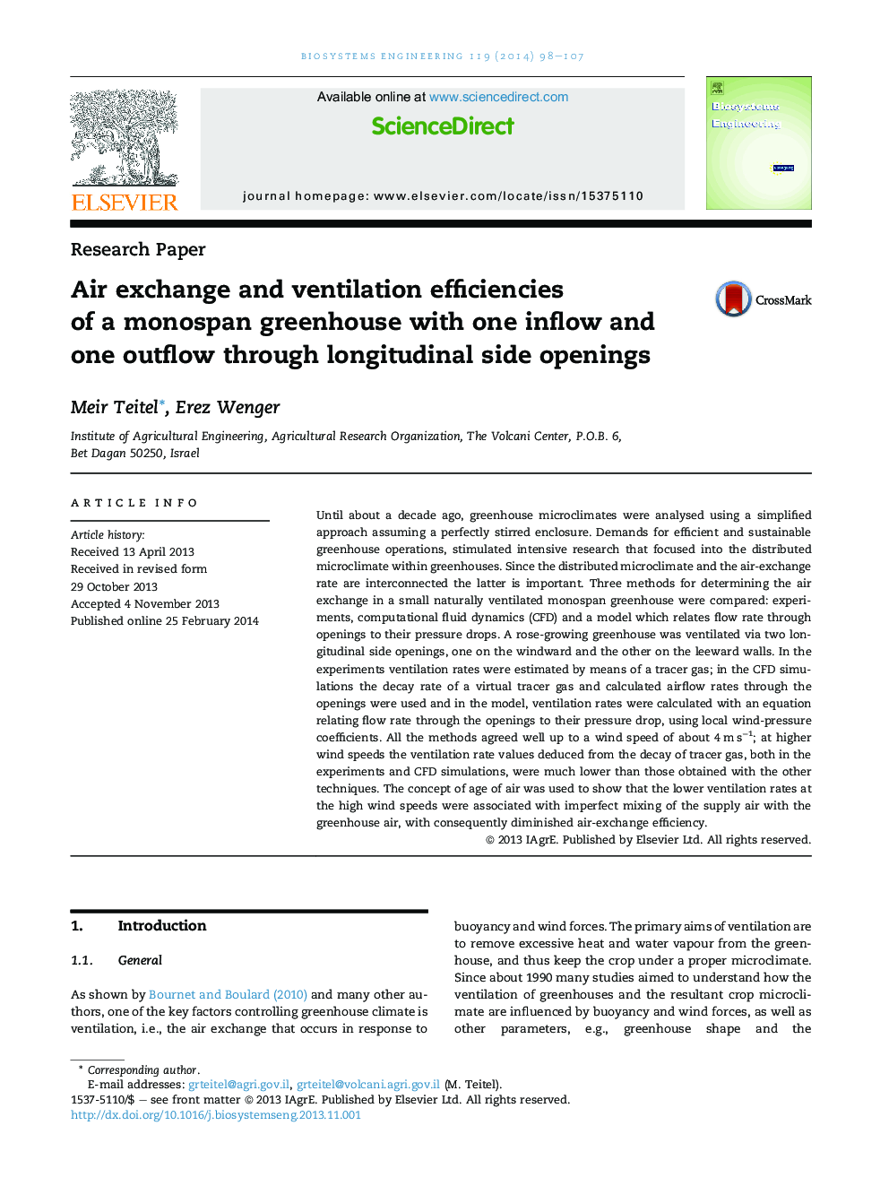 Air exchange and ventilation efficiencies of a monospan greenhouse with one inflow and one outflow through longitudinal side openings