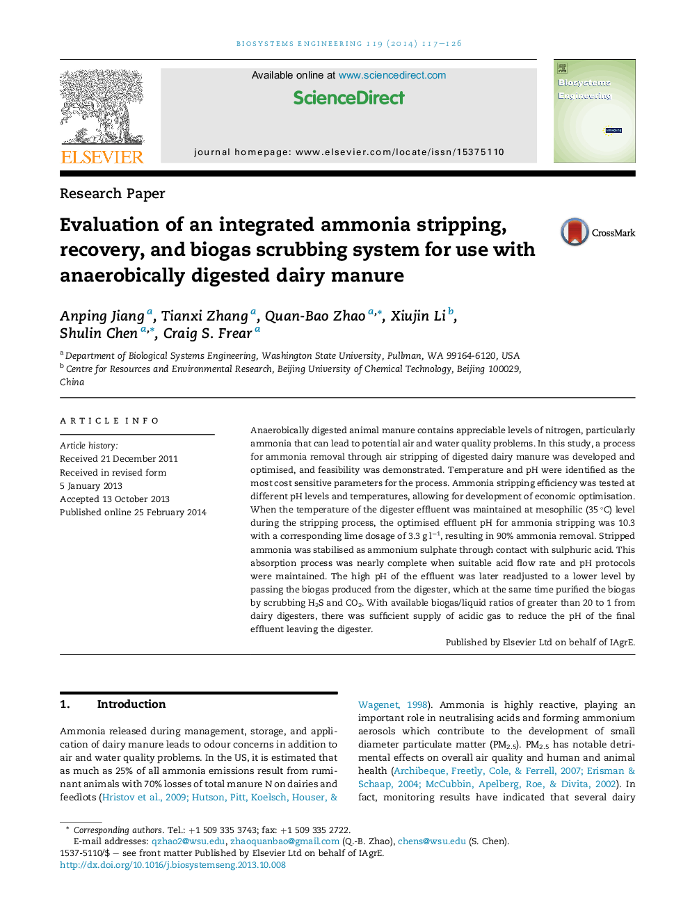 Evaluation of an integrated ammonia stripping, recovery, and biogas scrubbing system for use with anaerobically digested dairy manure
