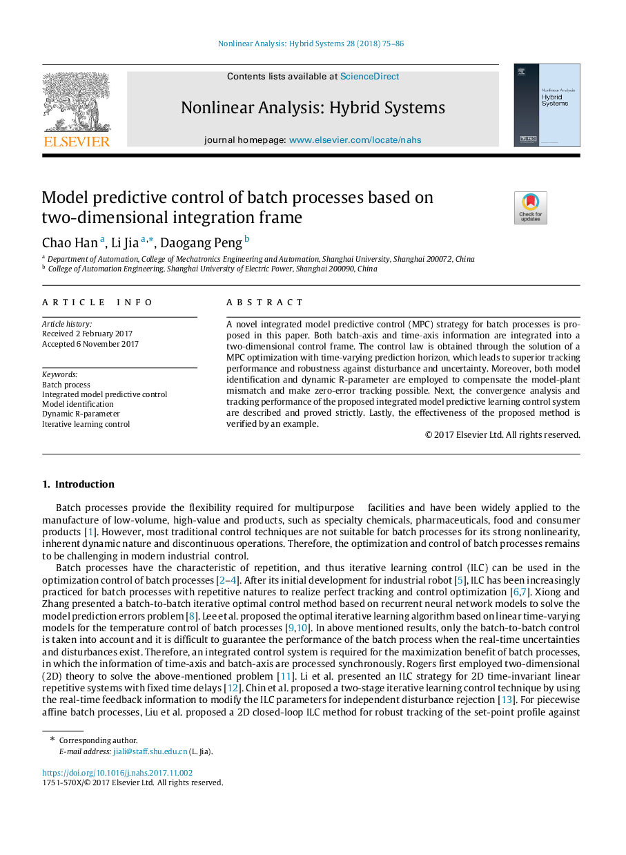 Model predictive control of batch processes based on two-dimensional integration frame