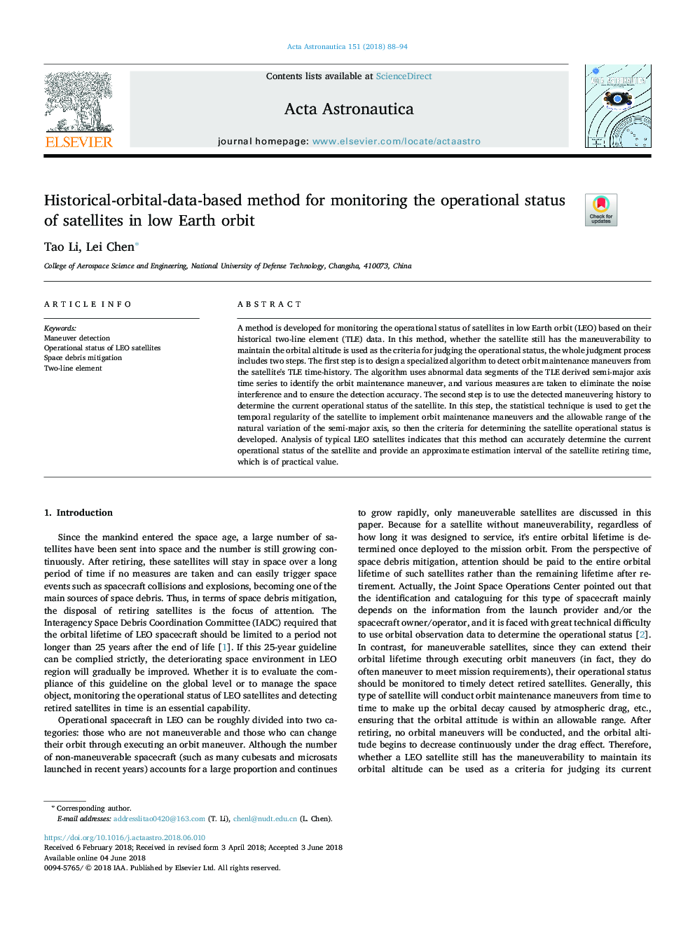 Historical-orbital-data-based method for monitoring the operational status of satellites in low Earth orbit