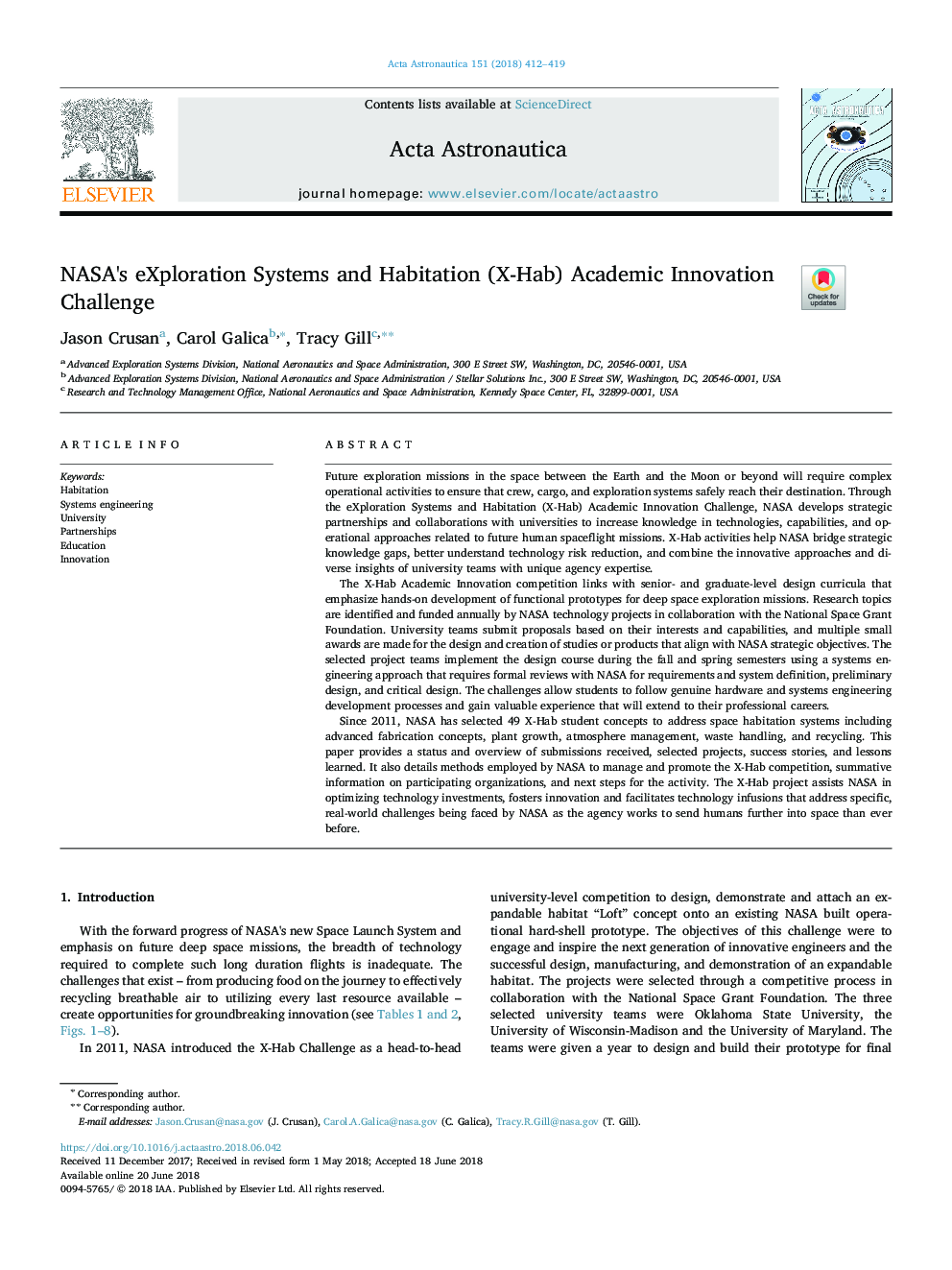 NASA's eXploration Systems and Habitation (X-Hab) Academic Innovation Challenge