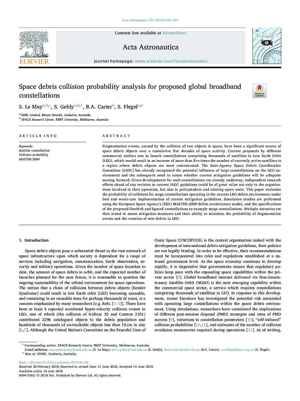 Space debris collision probability analysis for proposed global broadband constellations