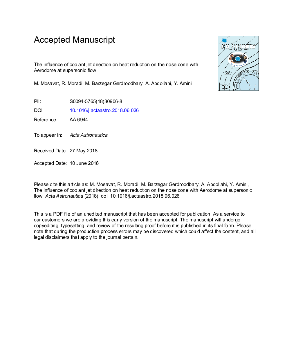 The influence of coolant jet direction on heat reduction on the nose cone with Aerodome at supersonic flow