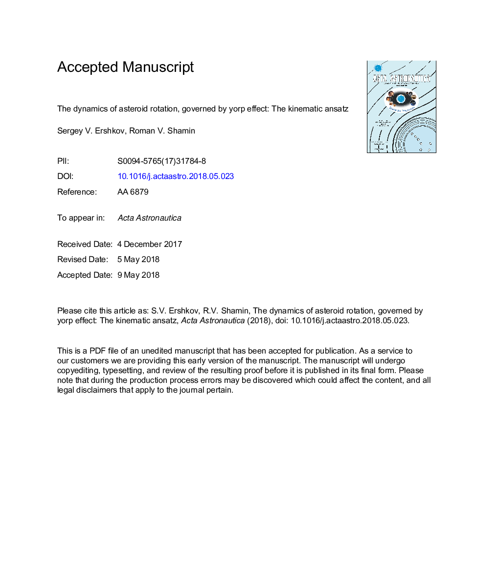 عکس صفحه اول مقاله: The dynamics of asteroid rotation, governed by YORP effect: The kinematic ansatz The dynamics of asteroid rotation, governed by YORP effect: The kinematic ansatz