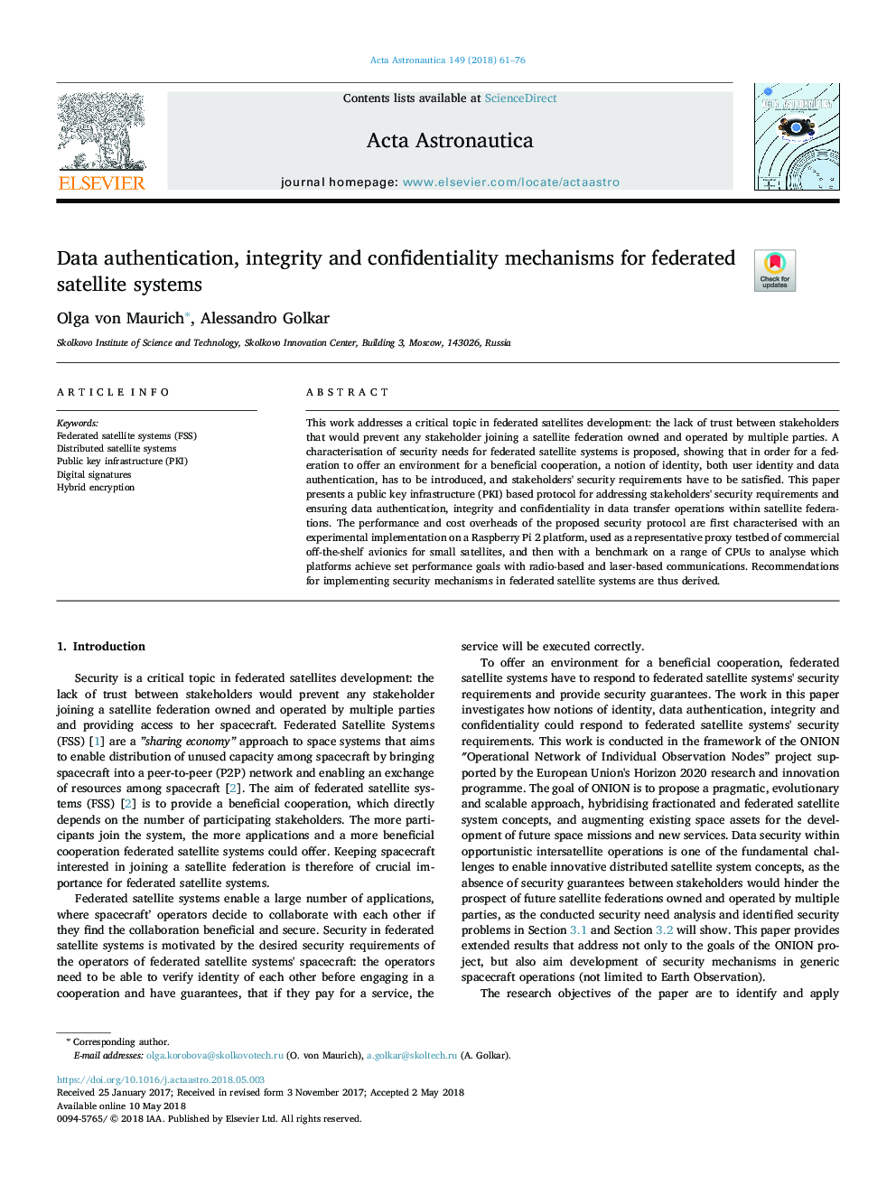 Data authentication, integrity and confidentiality mechanisms for federated satellite systems