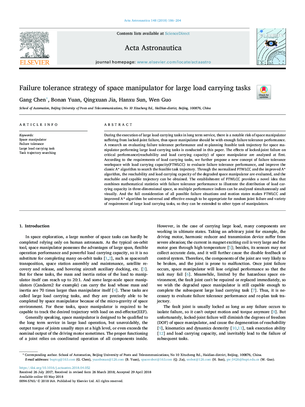 Failure tolerance strategy of space manipulator for large load carrying tasks