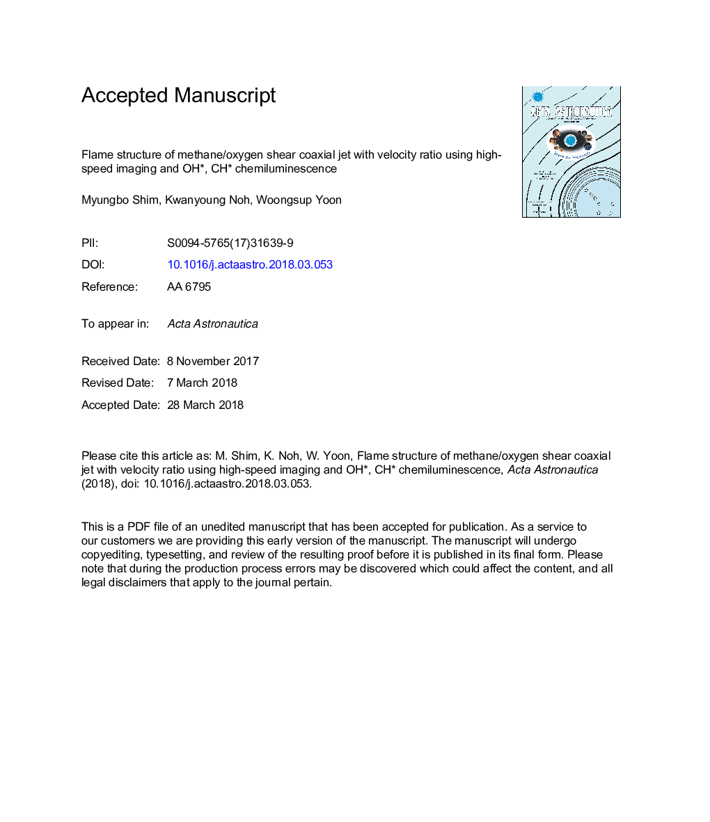 Flame structure of methane/oxygen shear coaxial jet with velocity ratio using high-speed imaging and OH*, CH* chemiluminescence