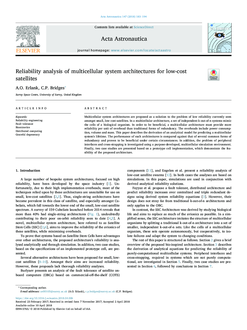 Reliability analysis of multicellular system architectures for low-cost satellites