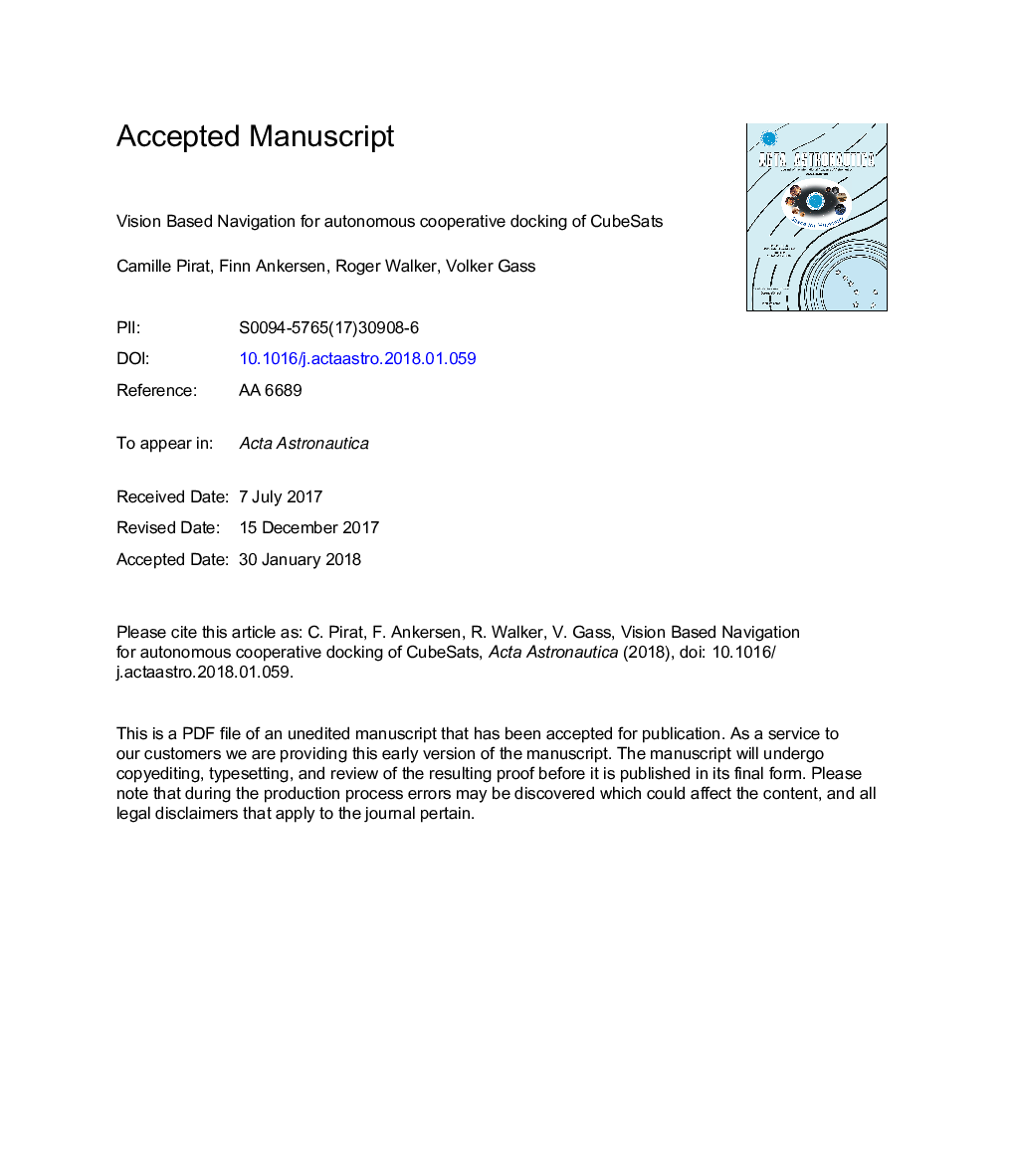 Vision Based Navigation for Autonomous Cooperative Docking of CubeSats